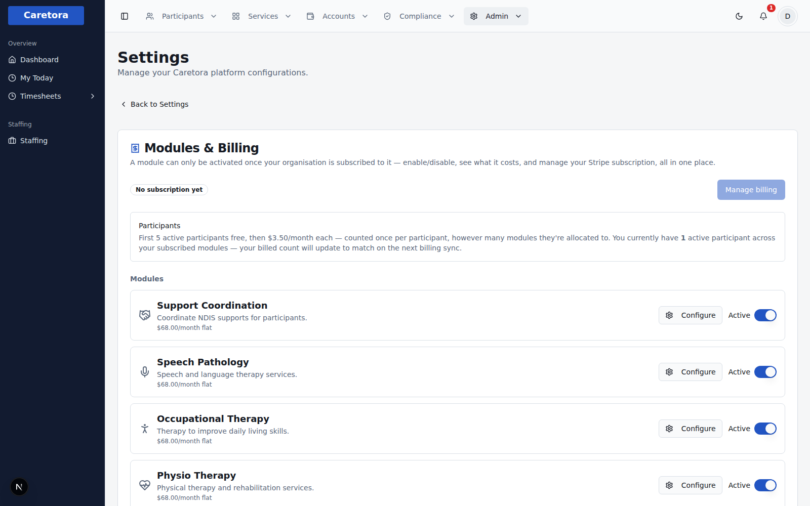 The Modules and Billing settings page, showing each module's flat monthly fee and an Active toggle