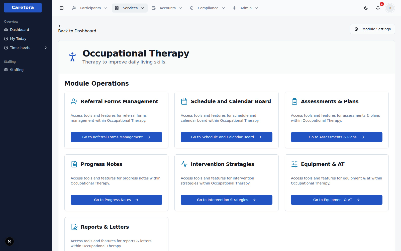 An Occupational Therapy module page, listing Referral Forms Management, Schedule and Calendar Board, Assessments & Plans, Progress Notes, Intervention Strategies, Equipment & AT, and Reports & Letters